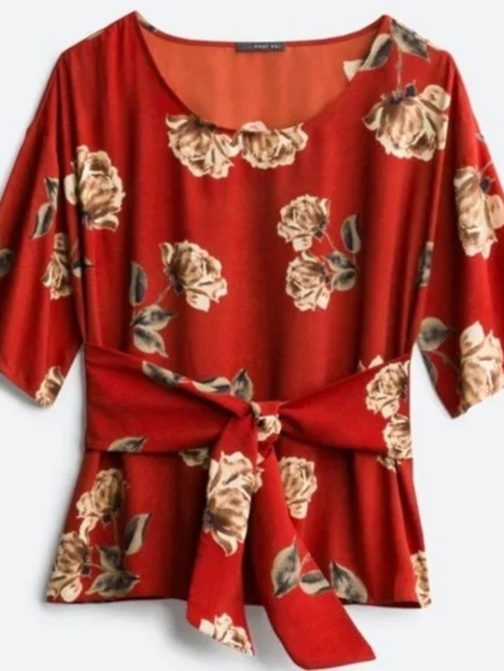 West Kei Orange Floral Tie-Front Women’s Blouse Large
